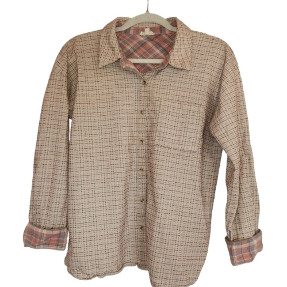 Hem & Thread Tan/Brown/Peach Textured Button Front Top Size L Contrast Cuffs